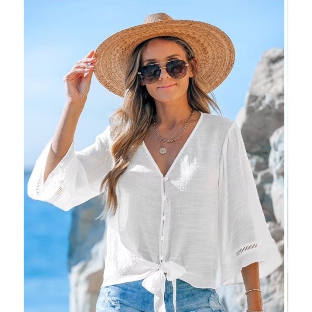 NWT Cupshe Beach Swim Flared Sleeves Tie Cover Up White Button Up Size XL
